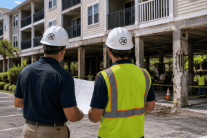 Structural engineer managing an HOA repair project with a contractor onsite